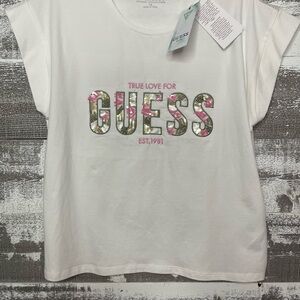 Guess Kids White Tee with Floral Pink and Green Logo